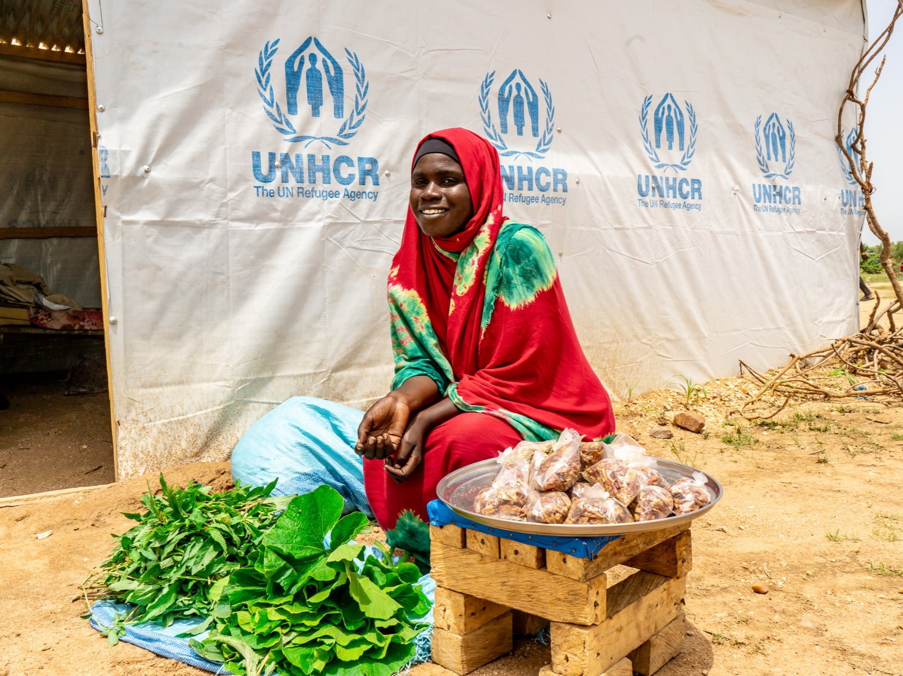 Sudanese refugee Hawa Issat in front of her temporary shelter 