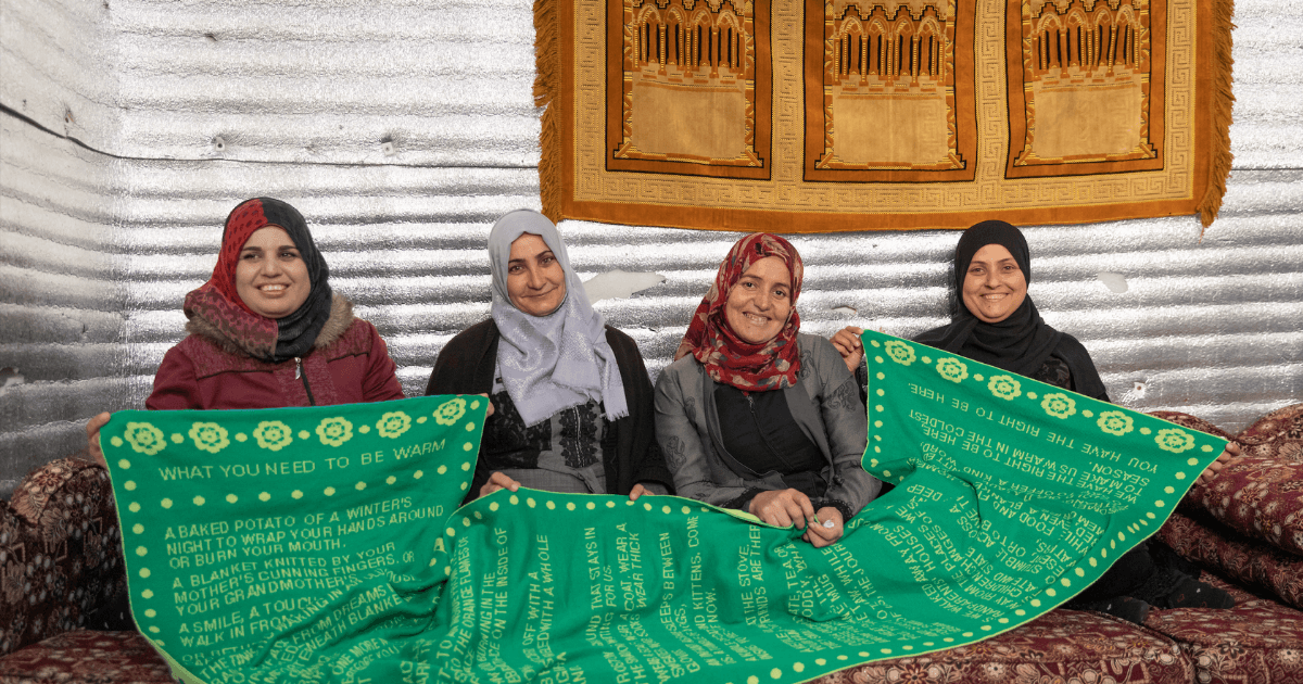 Samira, Itidal, Kholoud and Samaher, Syrian refugees living in Azraq camp in Jordan. They are part of the SEP Jordan artisan collective which is supported by UNHCR’s MADE51 livelihoods programme to help refugees access global markets with the crafts they produce. 