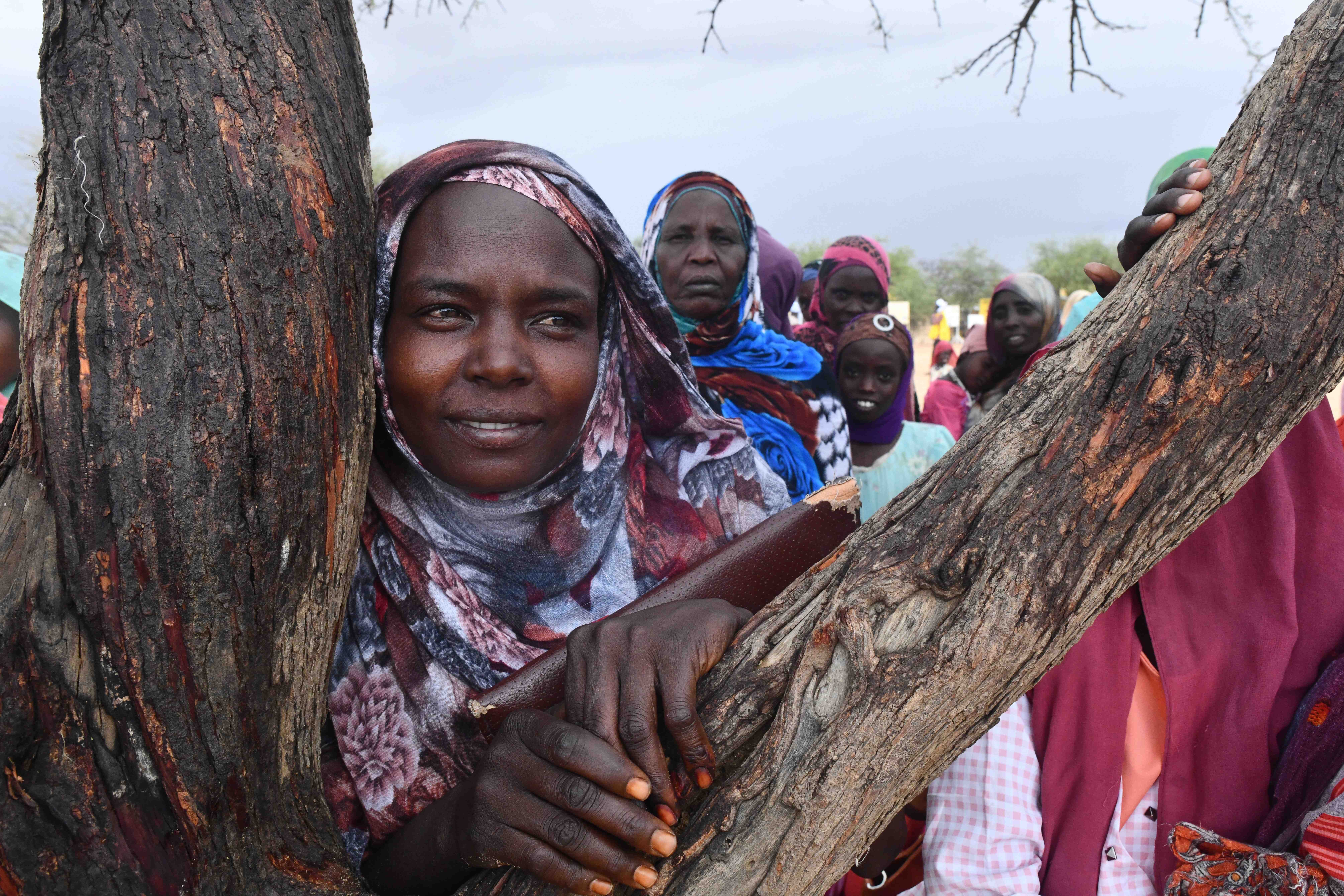 Girl leans against a tree at Milé refugee camp in Chad.