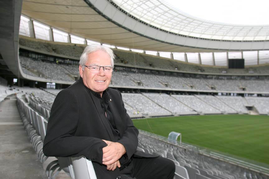 SBS announcer Les Murray sits in the grandstand at the World Cup in South Africa